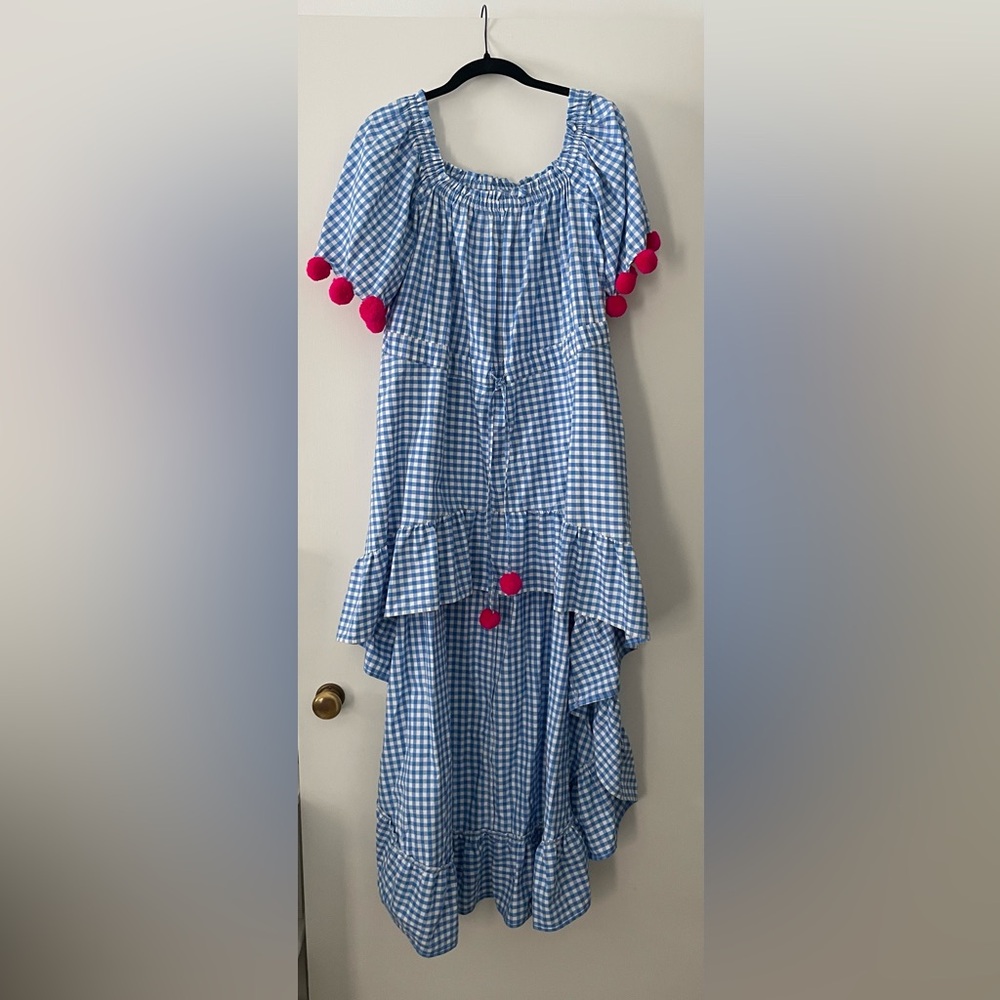 Blue and White Gingham Dress with Pink Accents